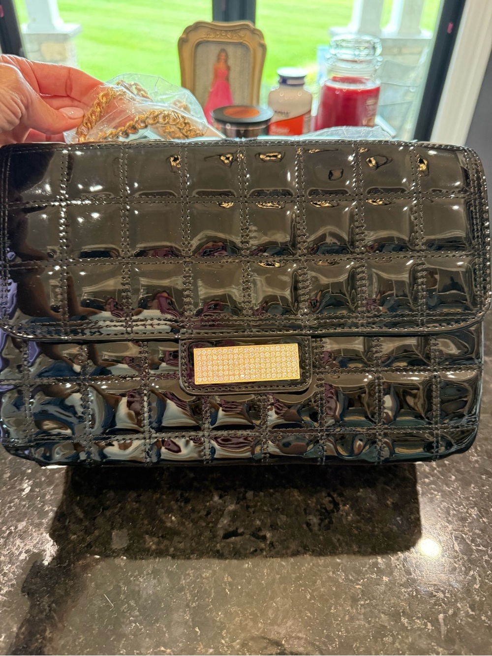 VENUS Black Patent Quilted Shoulder Bag with Gold Chain Accent